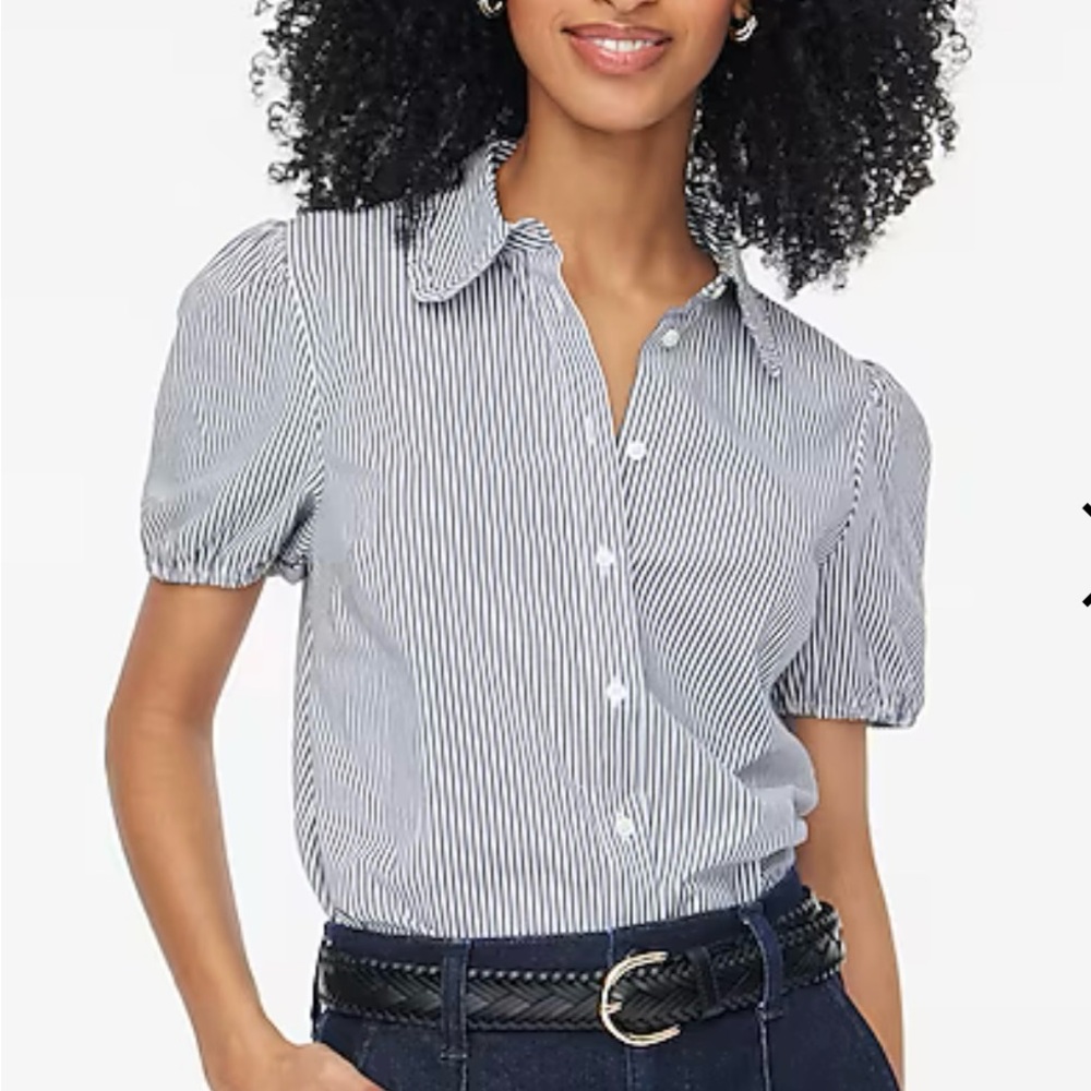 White and Blue Puff Sleeve Button Down Shirt